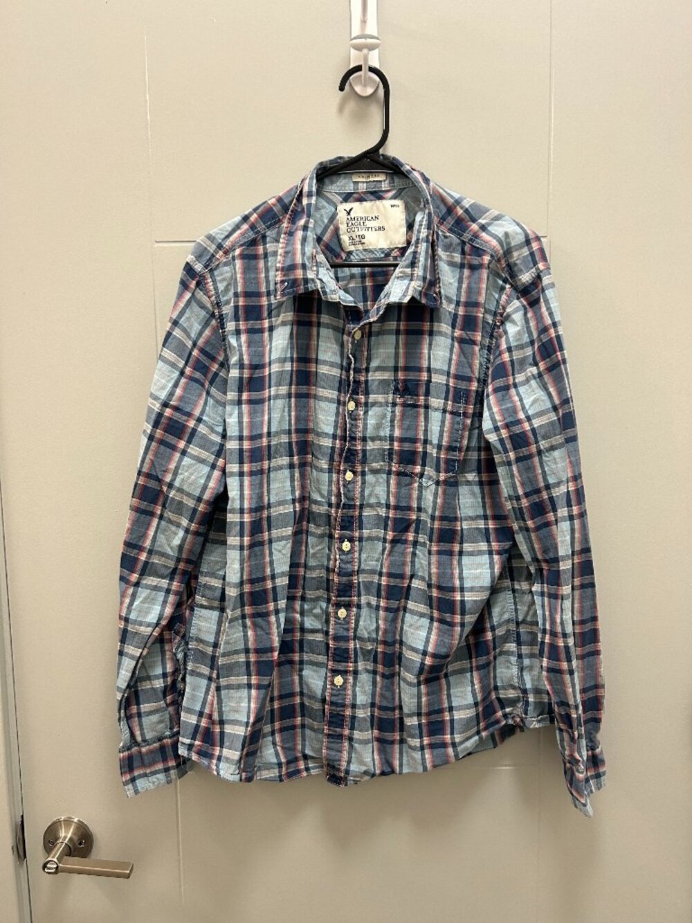 American Eagle Flannel Plaid Athletic Fit Button Up Shirt Blue Red Men's XL